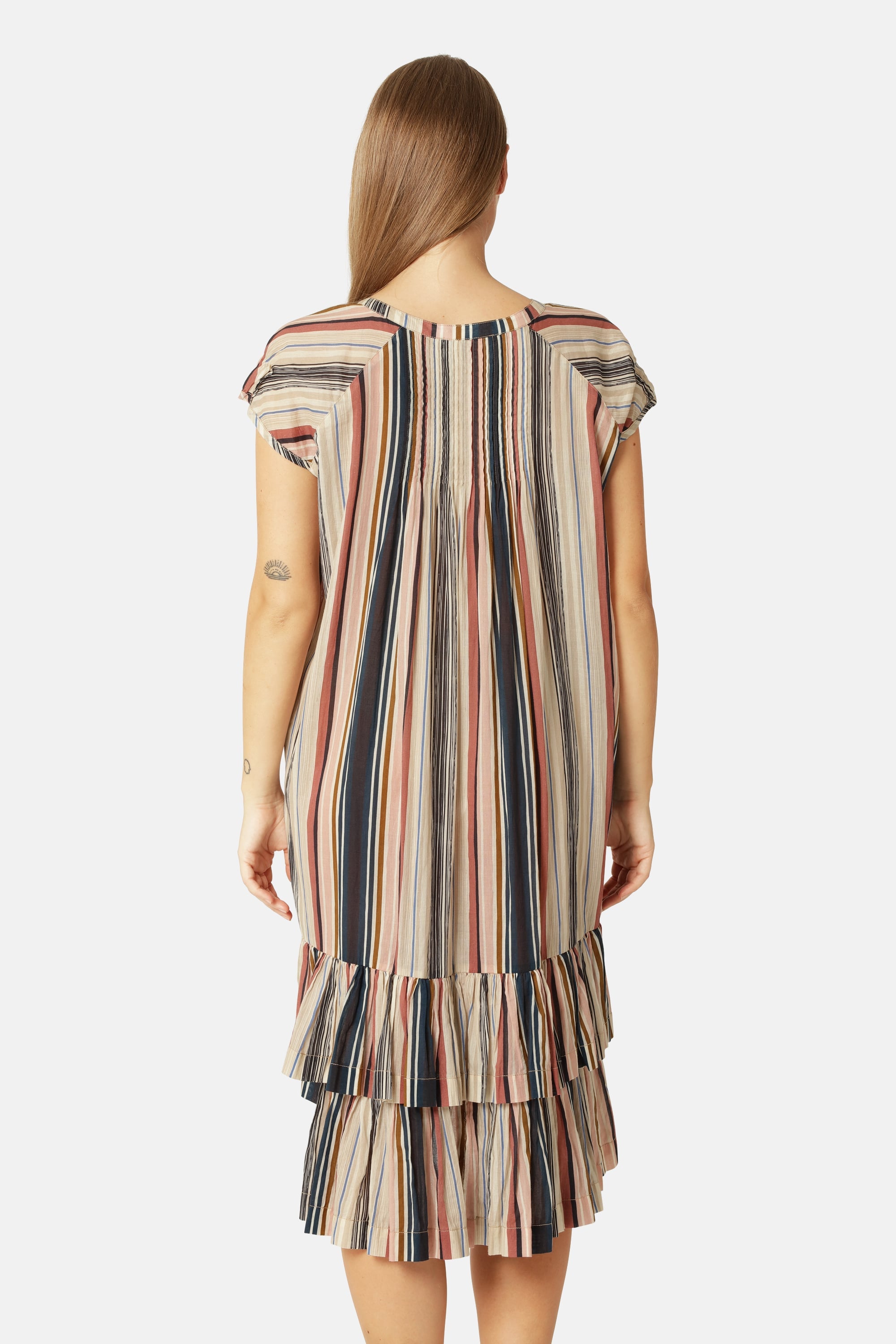 Short Sleeve Long Dress Pintuck - Beige Organic Stripe